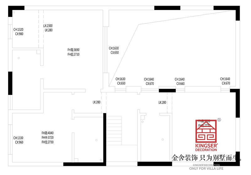 正定開元府260平別墅裝修戶型二層原始平面圖